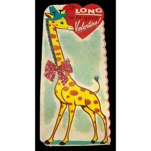 Valentines Day Vintage Greeting Card Giraffe Anthropomorphic Bow Hat 40s